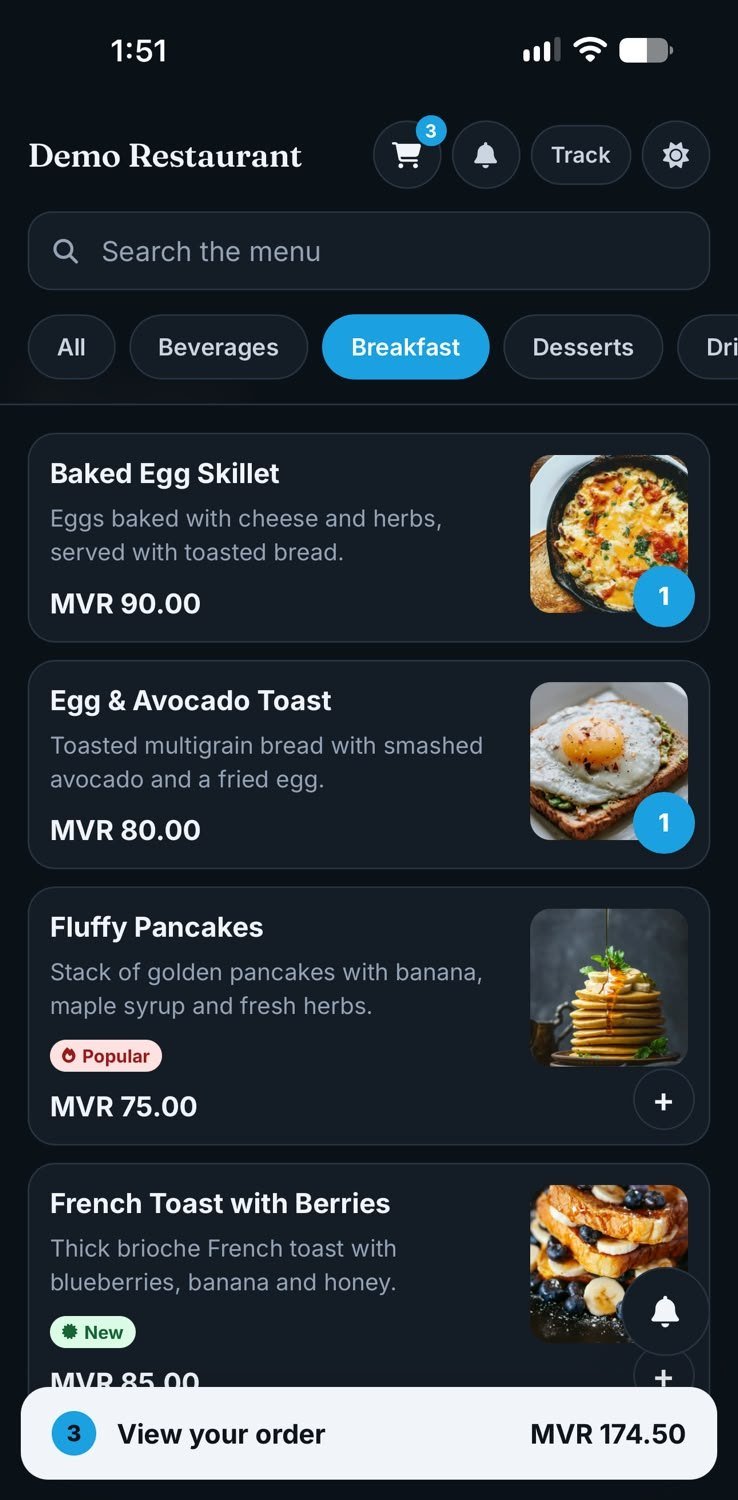Keymaa QR menu on a phone: menu categories and dishes with photos, prices and an add button